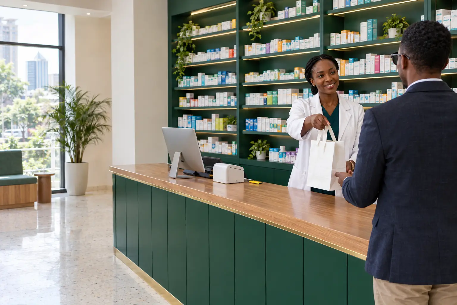 A pharmacist hands a customer his bag across a green and oak counter in a bright, modern pharmacy.