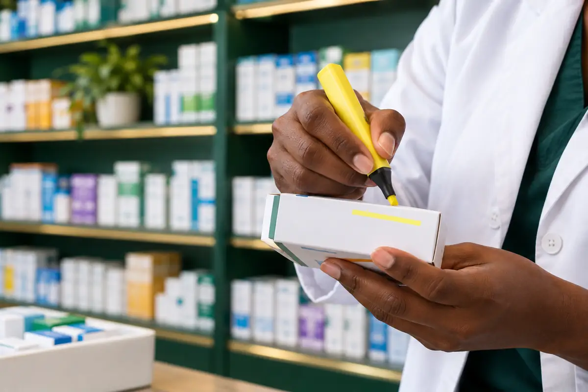 A pharmacist marks a medicine box with a yellow highlighter.