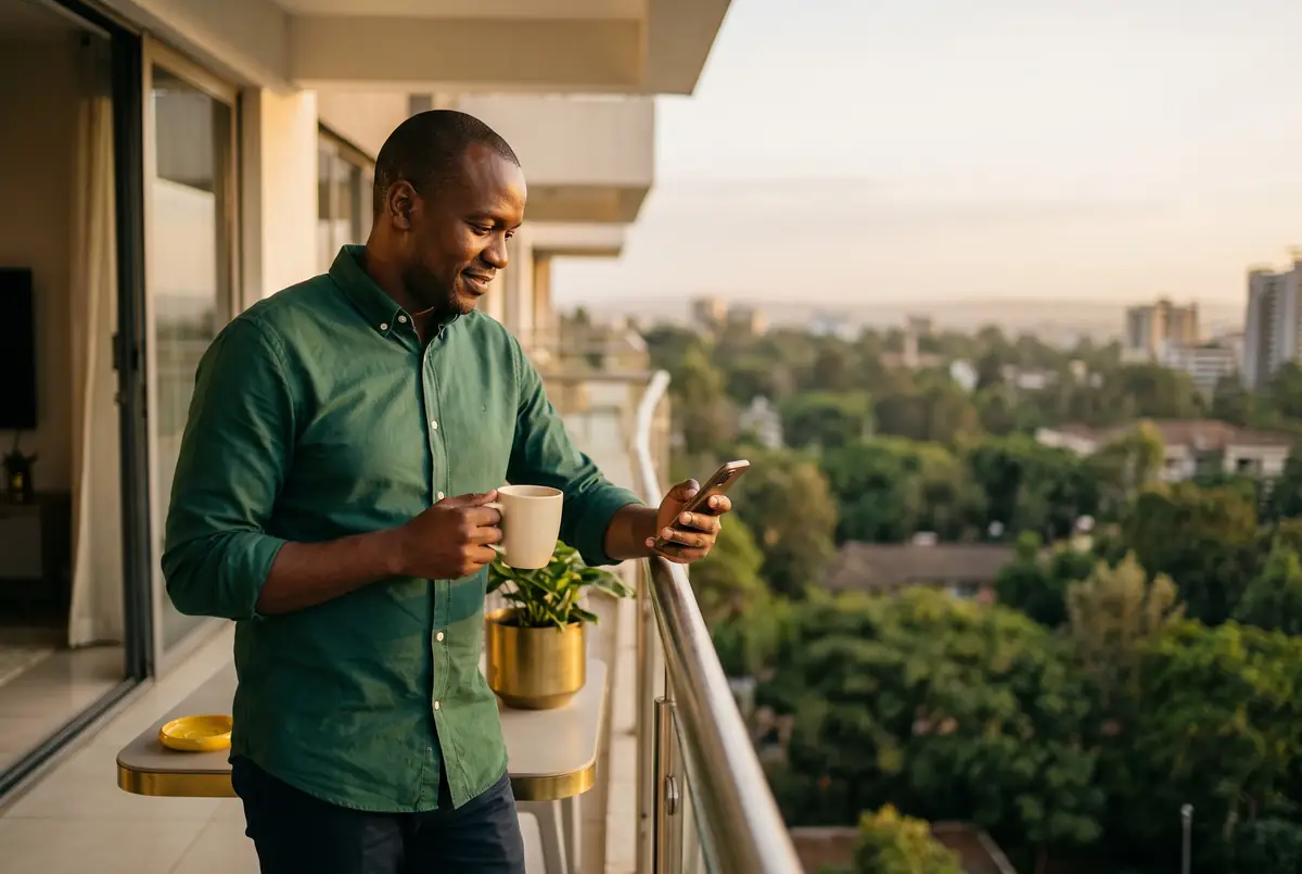 A pharmacy owner checks his phone with a coffee, on a balcony above the city.