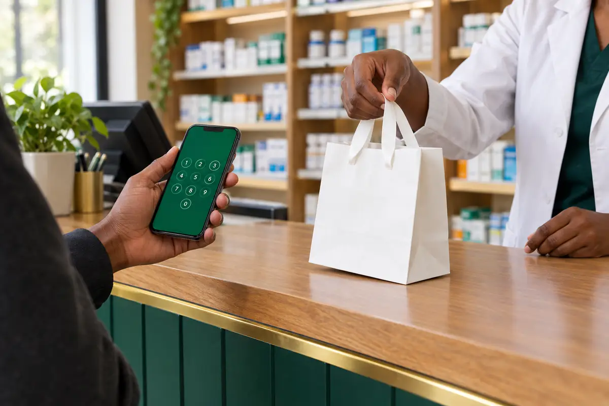 A customer enters a PIN on a phone as the pharmacist hands over a bag.